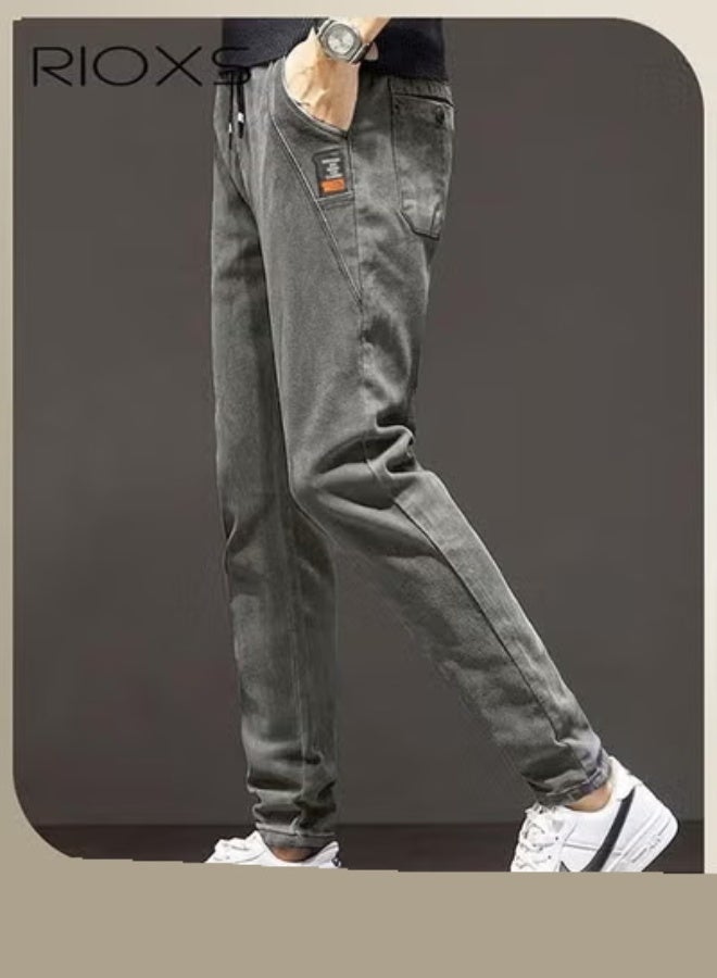 RIOXS Men's Denim Pants, Slim Fit Jeans With Tight Legs For Men, Casual Long Pants, Elastic Waist Jeans, Drawstring Denim Pants With 4 Pockets, Comfy Mid-Rise Trousers For Daily Wear Or Outdoor Activities, Stylish Jeans For Daddy Family Friends - Image 4